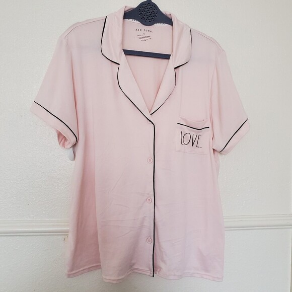 Rae Dunn Pink Love Short Sleeve Pajama Top Button Pocket Lounge Women's Size XL - Picture 1 of 16